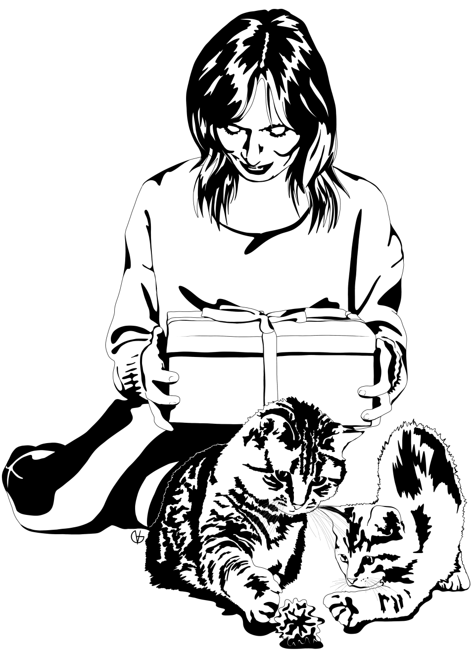 Obrázek na zemi sedící ženy, hledícím na balíček v rukách, před níž si hrají dvě kočky s chomáčkem.